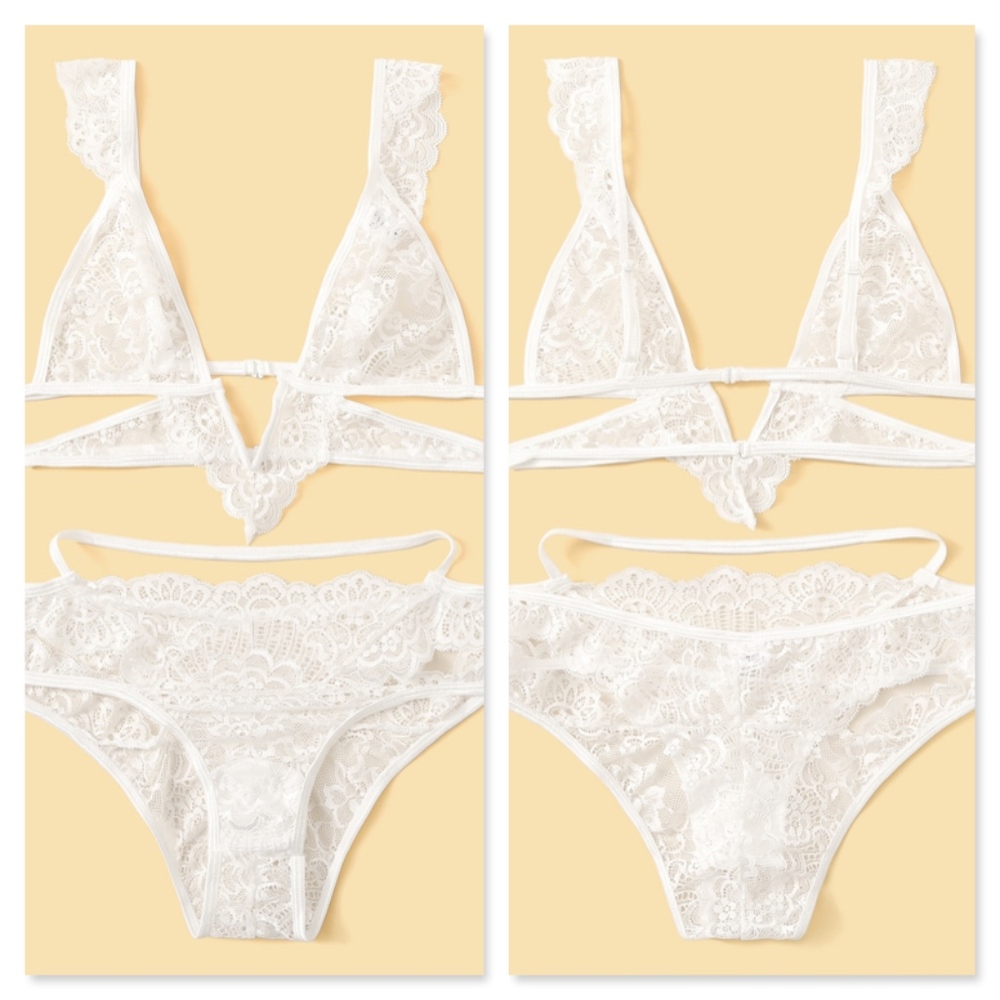 Sexy Strappy Deep V White Lace Lingerie Set - Picture 7 of 8